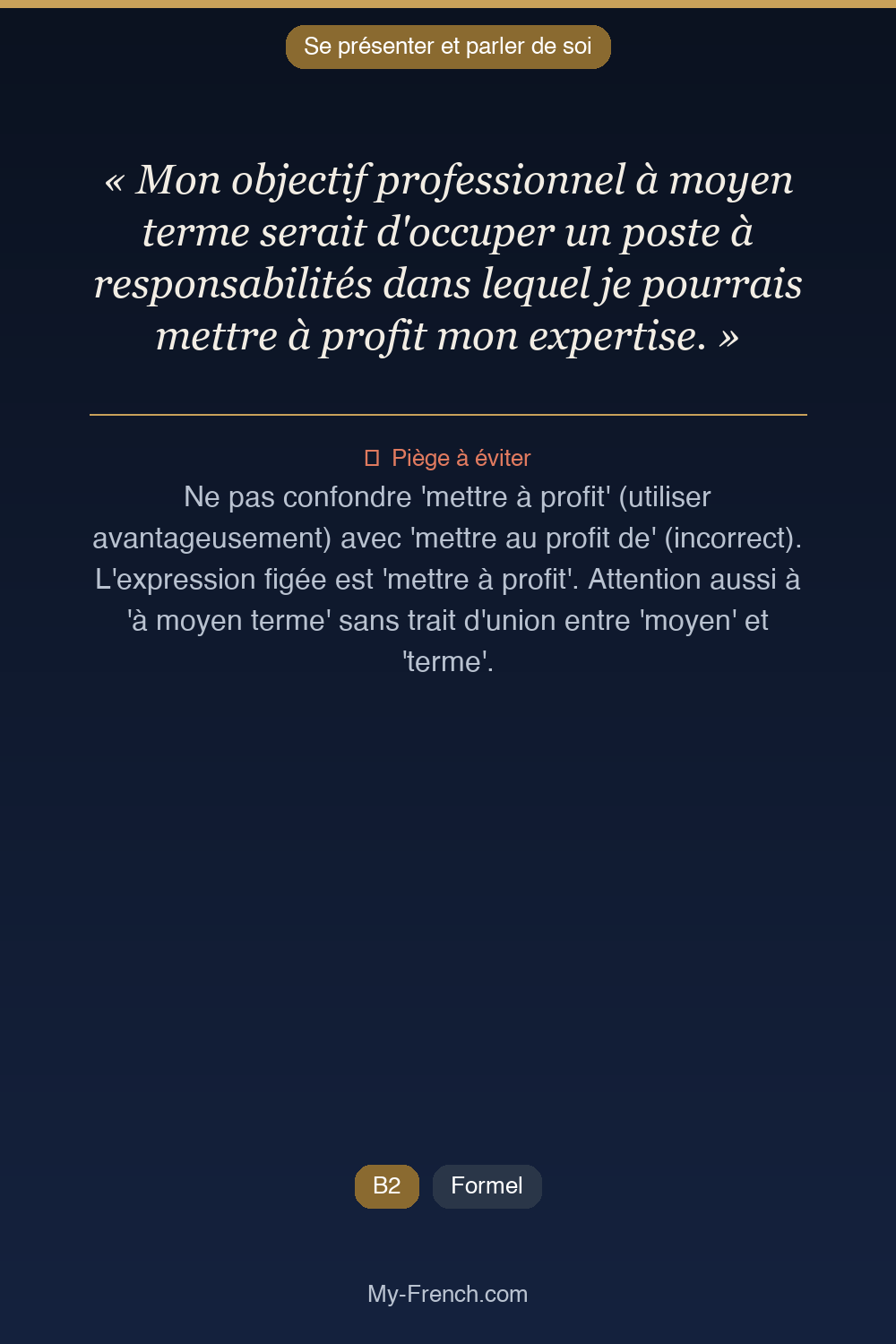 Phrase de français professionnel : Mon objectif professionnel à moyen terme serait d'occuper un poste à responsabilités dans lequel je pourrais mettre à profit mon expertise.