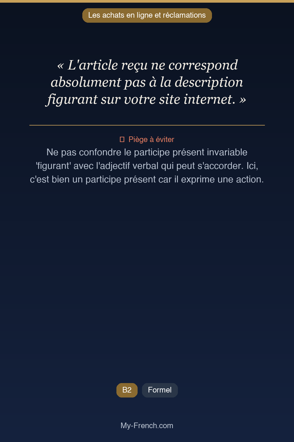 Phrase de français professionnel : L'article reçu ne correspond absolument pas à la description figurant sur votre site internet.