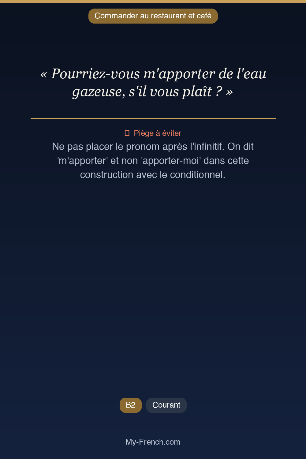 Phrase de français professionnel : Pourriez-vous m'apporter de l'eau gazeuse, s'il vous plaît ?