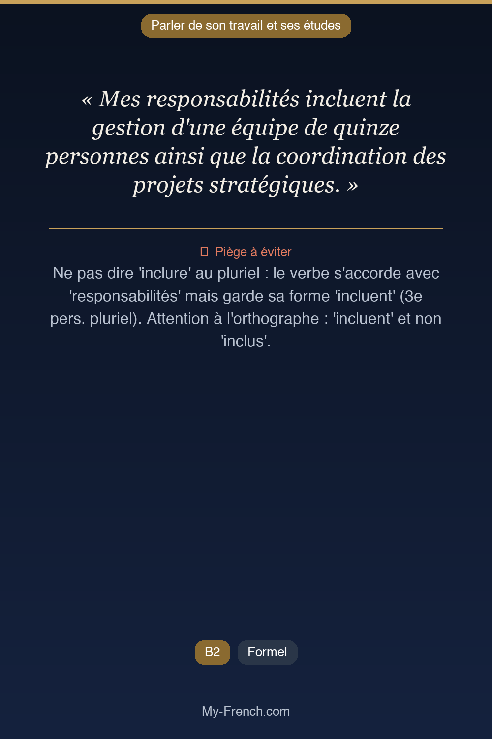 Phrase de français professionnel : Mes responsabilités incluent la gestion d'une équipe de quinze personnes ainsi que la coordination des projets stratégiques.