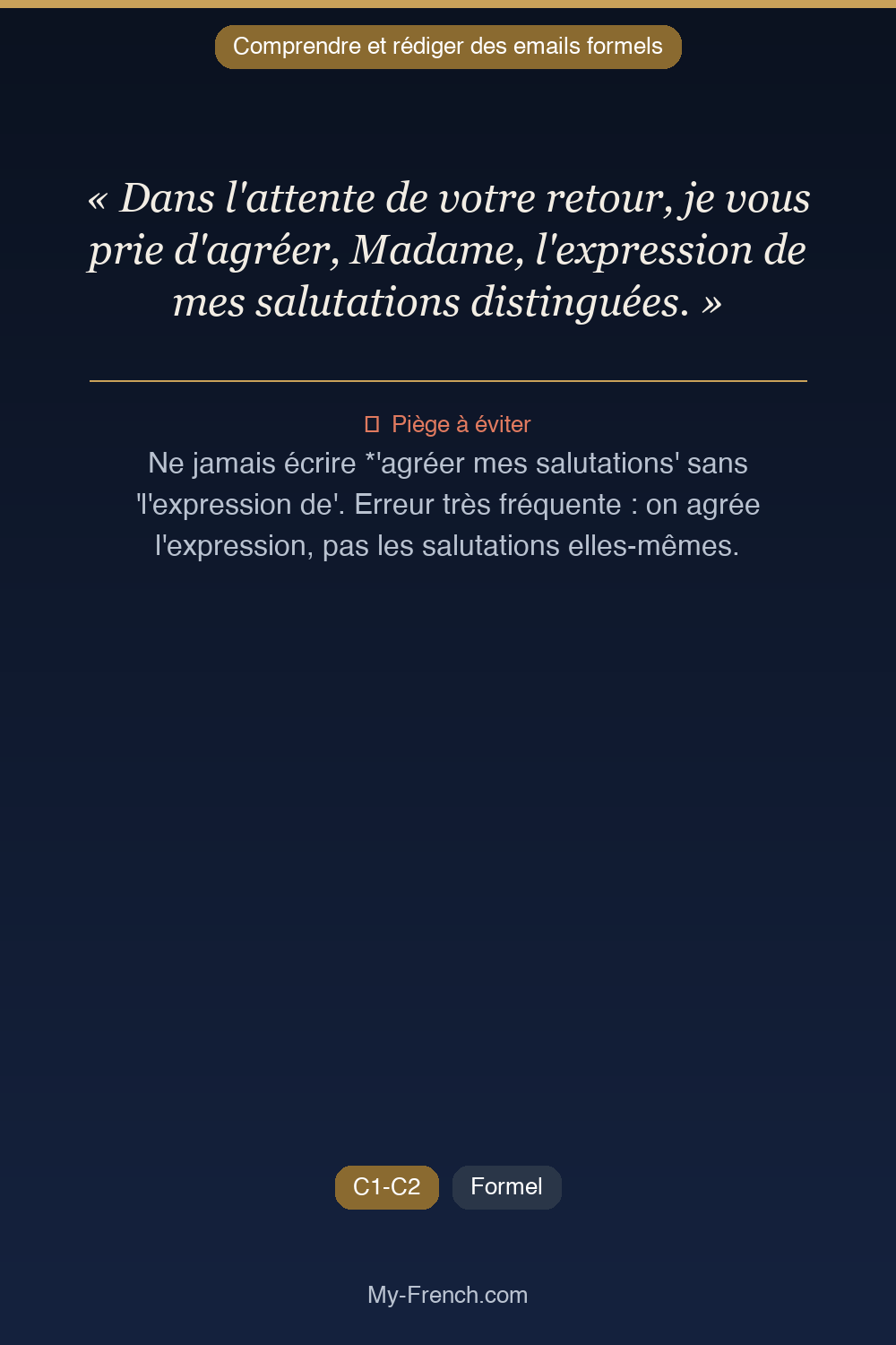 Phrase de français professionnel : Dans l'attente de votre retour, je vous prie d'agréer, Madame, l'expression de mes salutations distinguées.