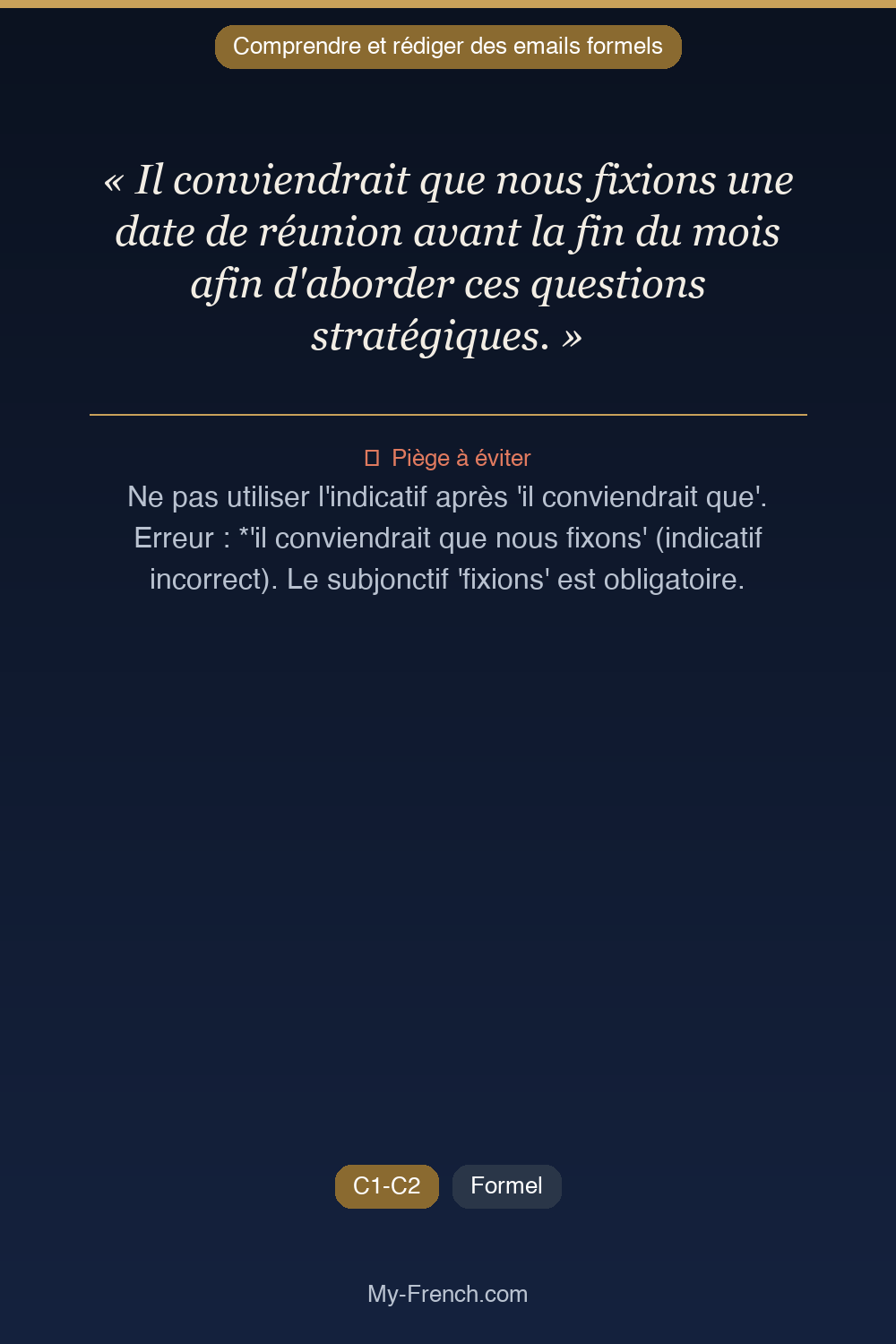 Phrase de français professionnel : Il conviendrait que nous fixions une date de réunion avant la fin du mois afin d'aborder ces questions stratégiques.