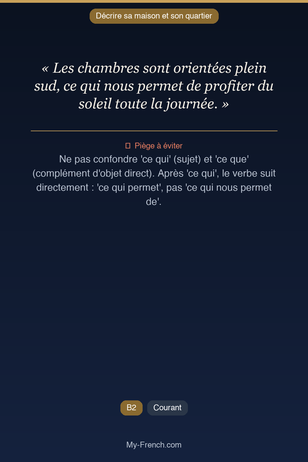 Phrase de français professionnel : Les chambres sont orientées plein sud, ce qui nous permet de profiter du soleil toute la journée.
