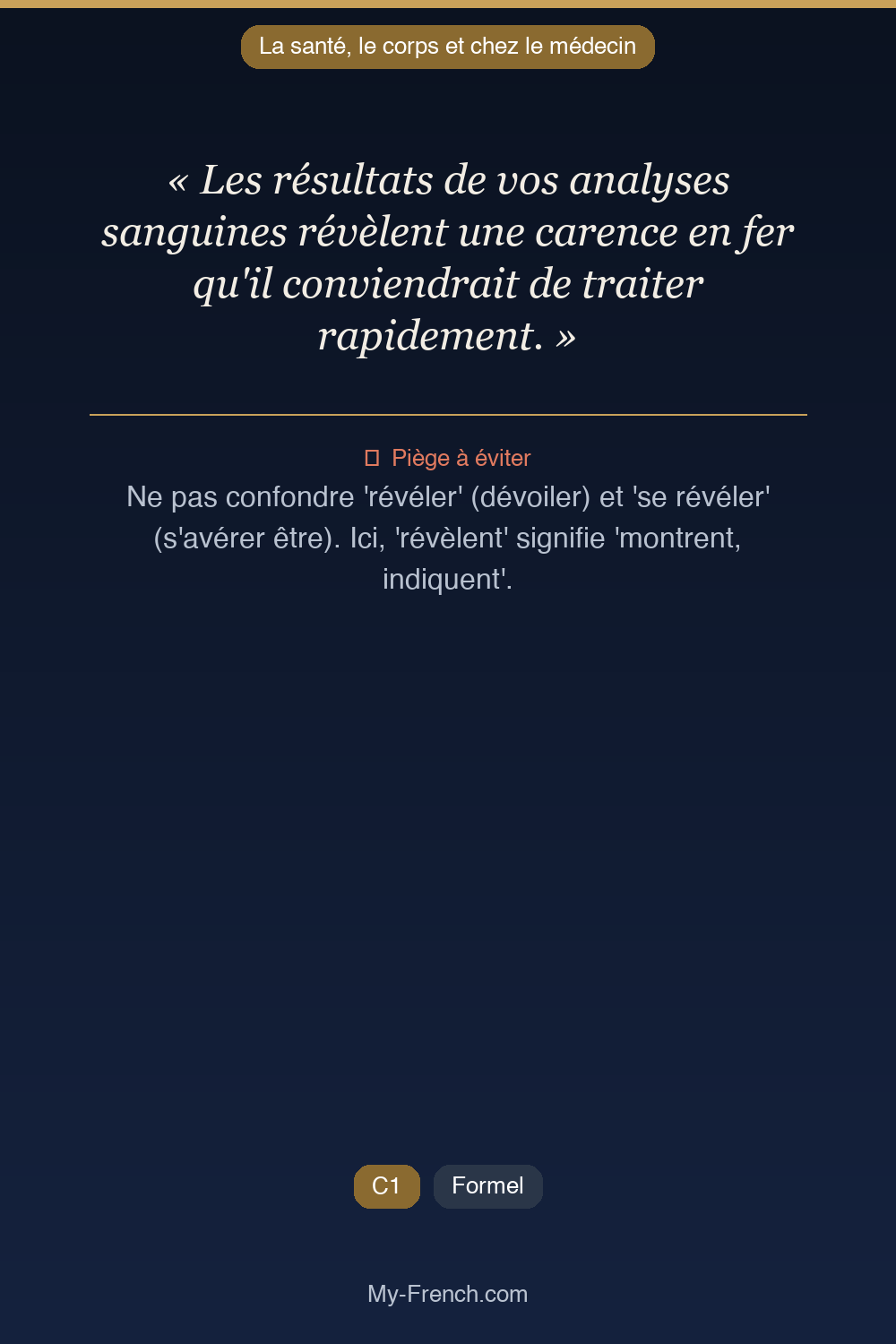 Phrase de français professionnel : Les résultats de vos analyses sanguines révèlent une carence en fer qu'il conviendrait de traiter rapidement.