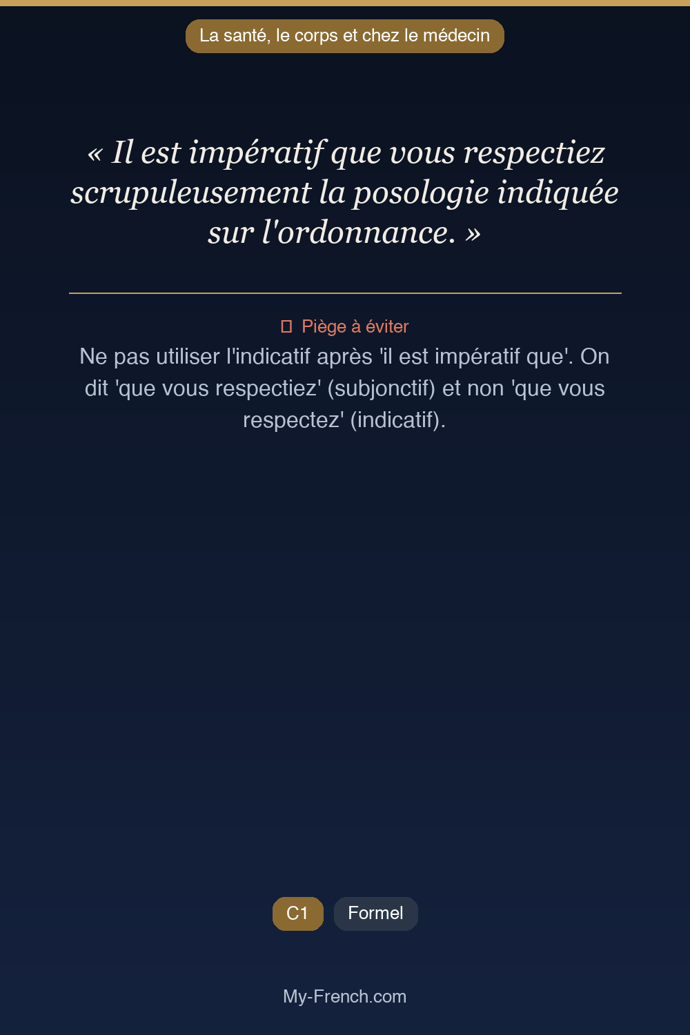 Phrase de français professionnel : Il est impératif que vous respectiez scrupuleusement la posologie indiquée sur l'ordonnance.