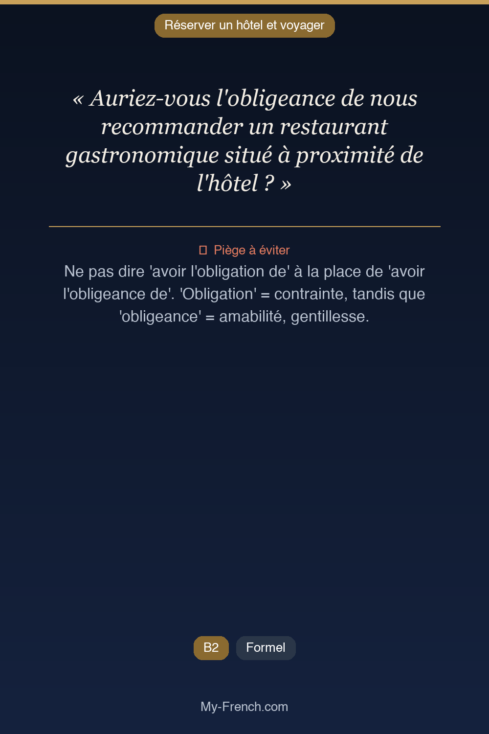 Phrase de français professionnel : Auriez-vous l'obligeance de nous recommander un restaurant gastronomique situé à proximité de l'hôtel ?