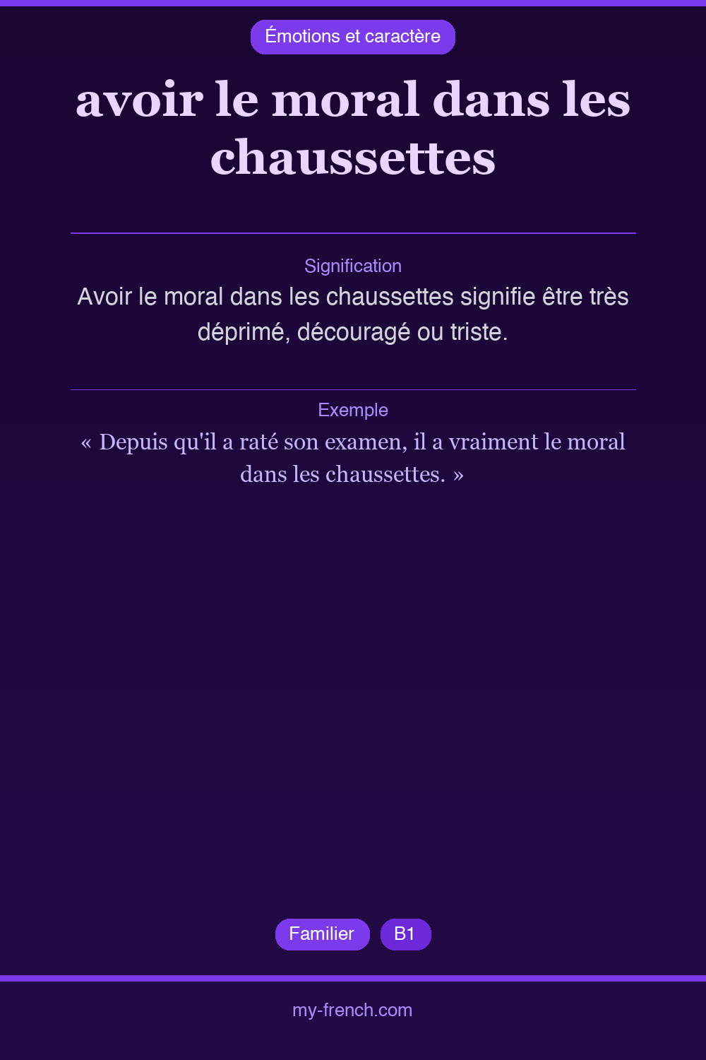 Expression idiomatique : avoir le moral dans les chaussettes