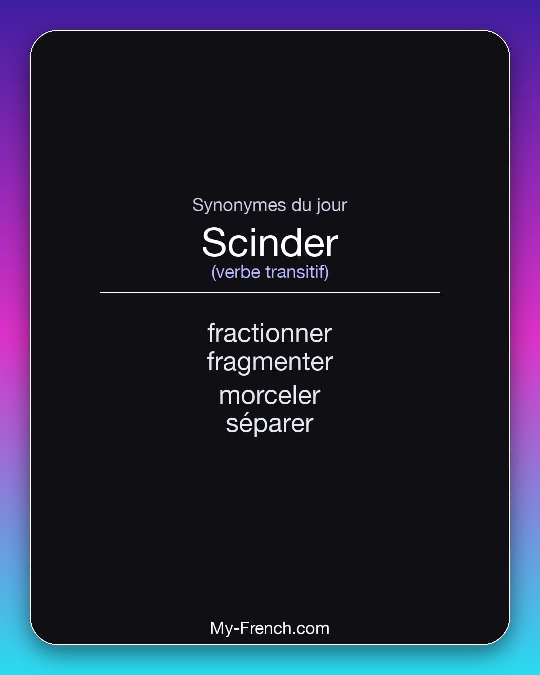 Synonymes de scinder : fractionner, fragmenter, morceler, séparer
