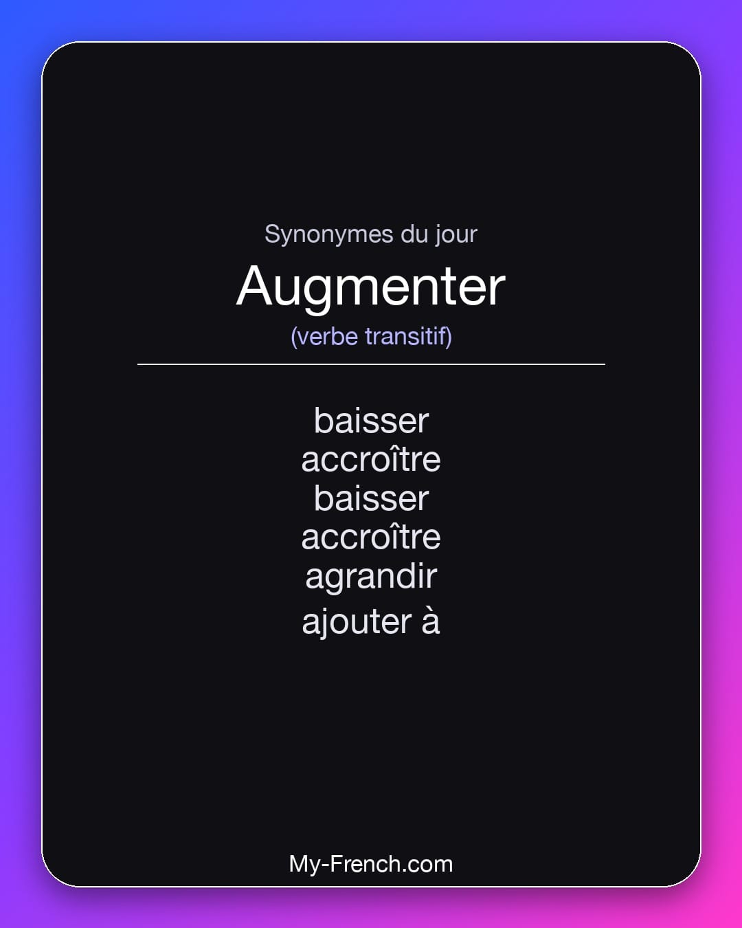 Synonymes de augmenter : baisser, accroître, baisser, accroître, agrandir, ajouter à
