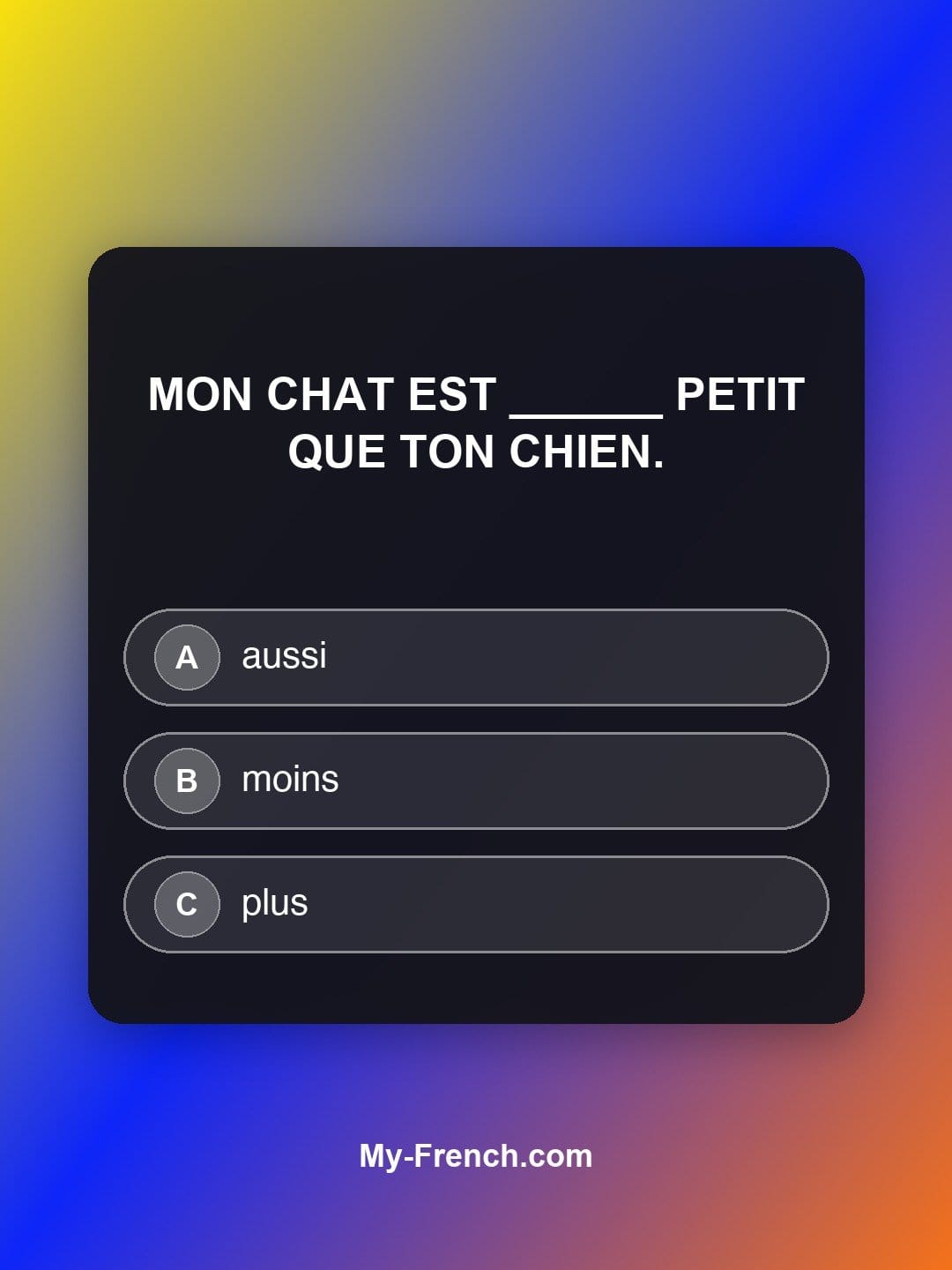 Quiz de français niveau A1 : Mon chat est ______ petit que ton chien.