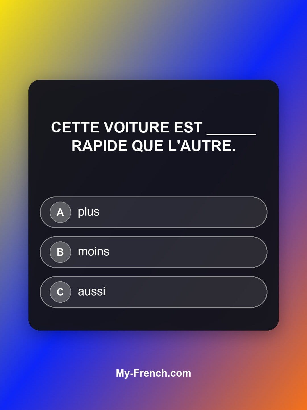 Quiz de français niveau A1 : Cette voiture est ______ rapide que l'autre.