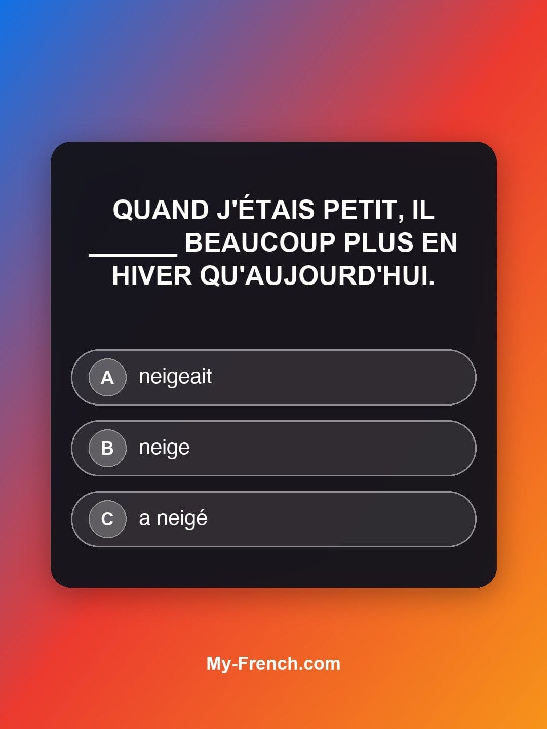 Quiz de français niveau B1 : Quand j'étais petit, il ______ beaucoup plus en hiver qu'aujourd'hui.