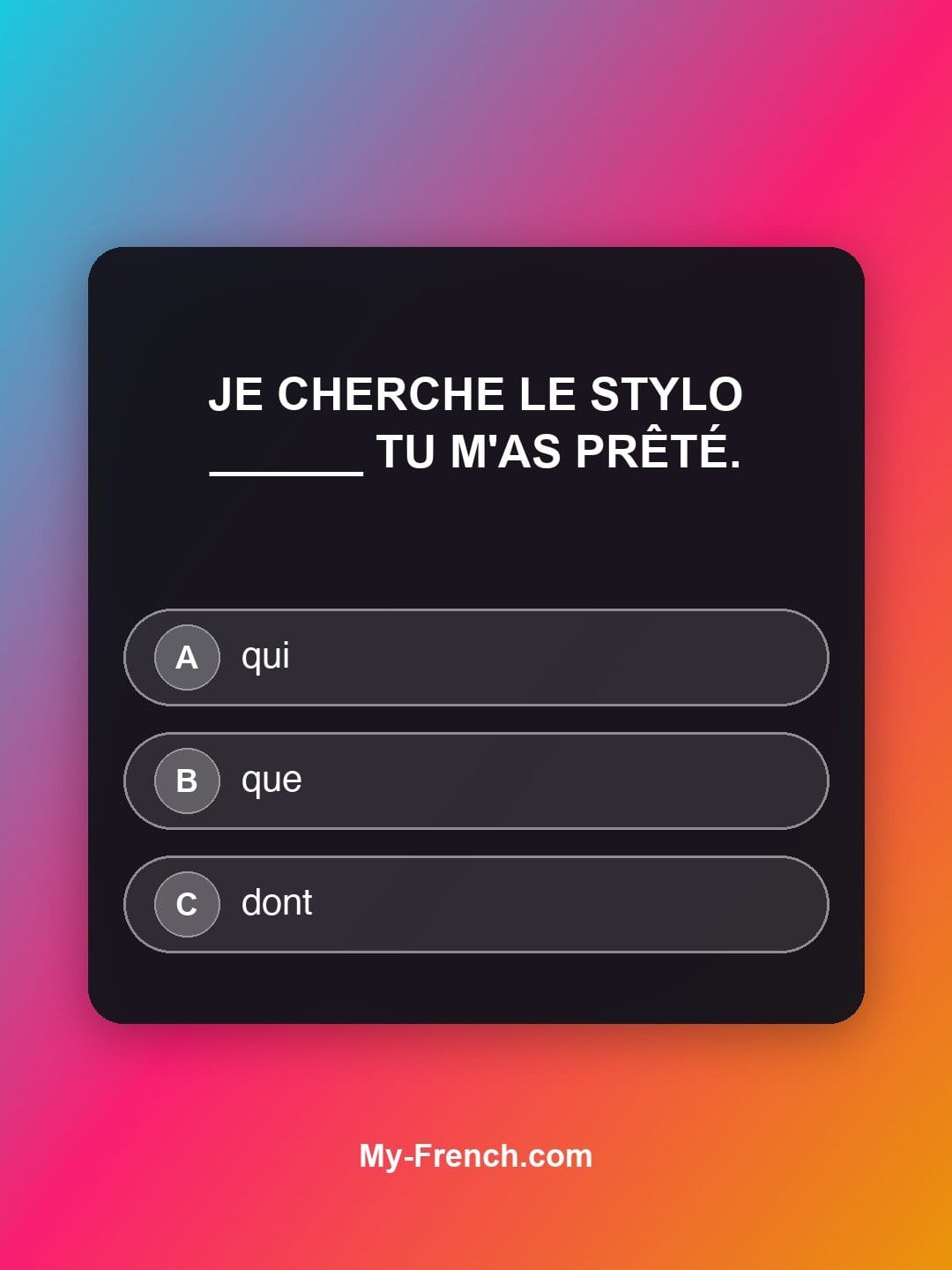 Quiz de français niveau A2 : Je cherche le stylo ______ tu m'as prêté.