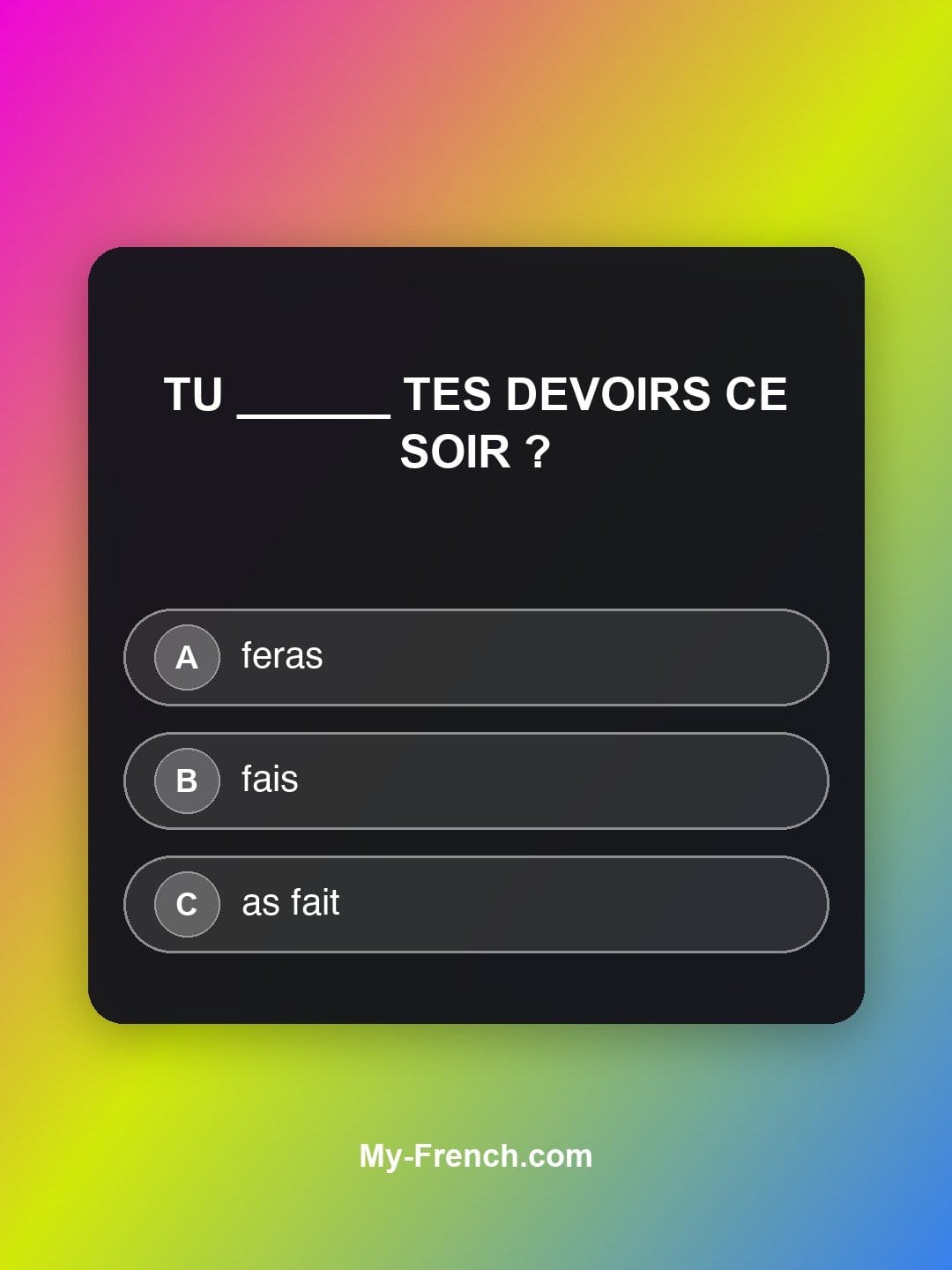 Quiz de français niveau A2 : Tu ______ tes devoirs ce soir ?