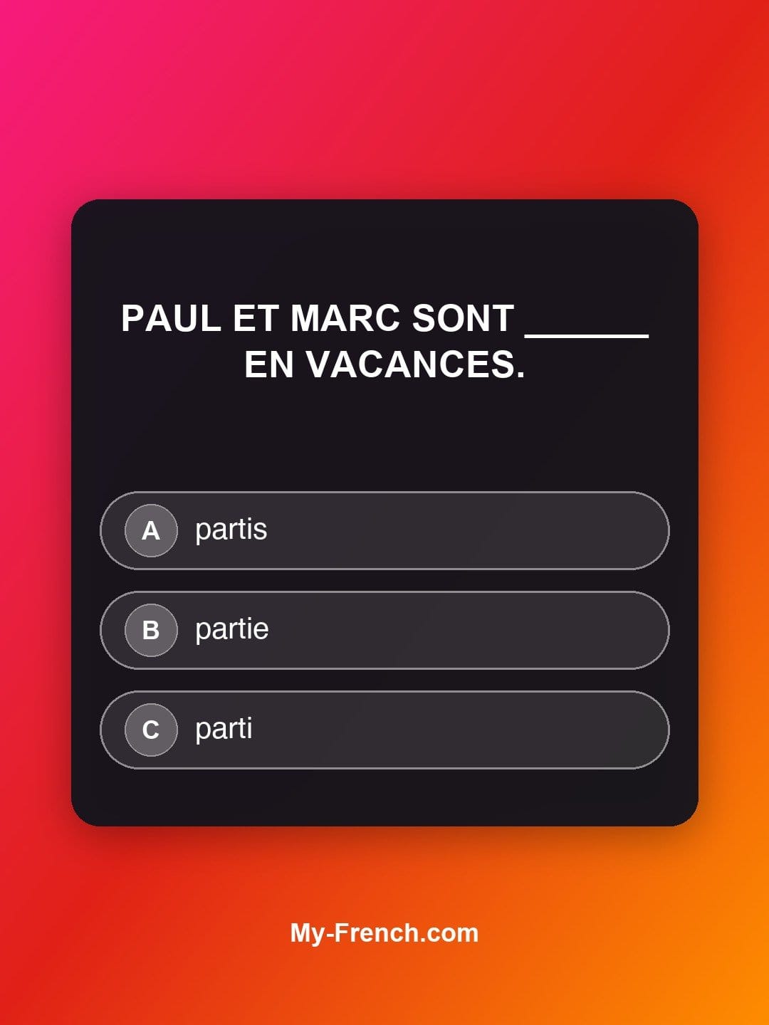 Quiz de français niveau A1 : Paul et Marc sont ______ en vacances.