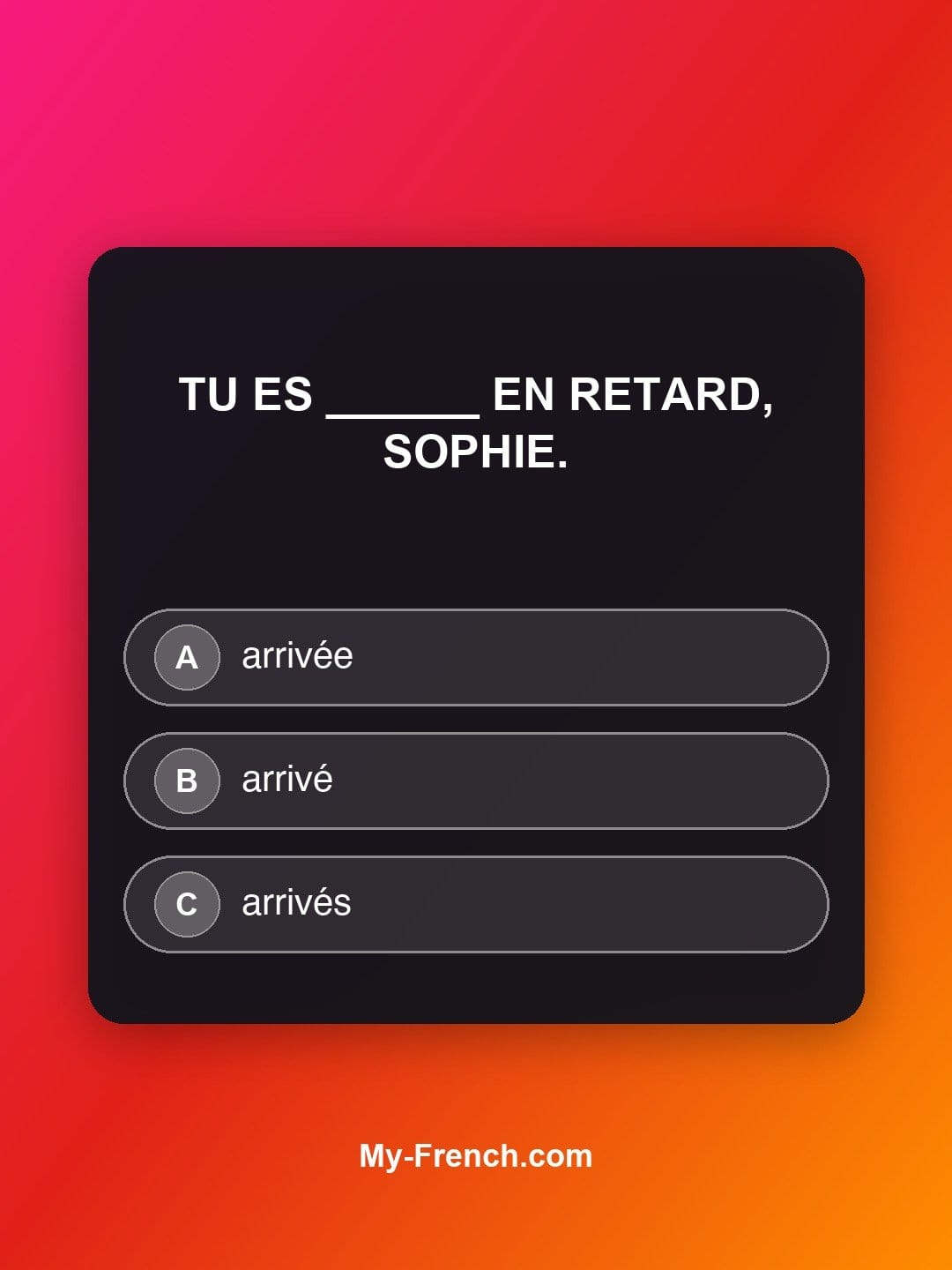 Quiz de français niveau A1 : Tu es ______ en retard, Sophie.