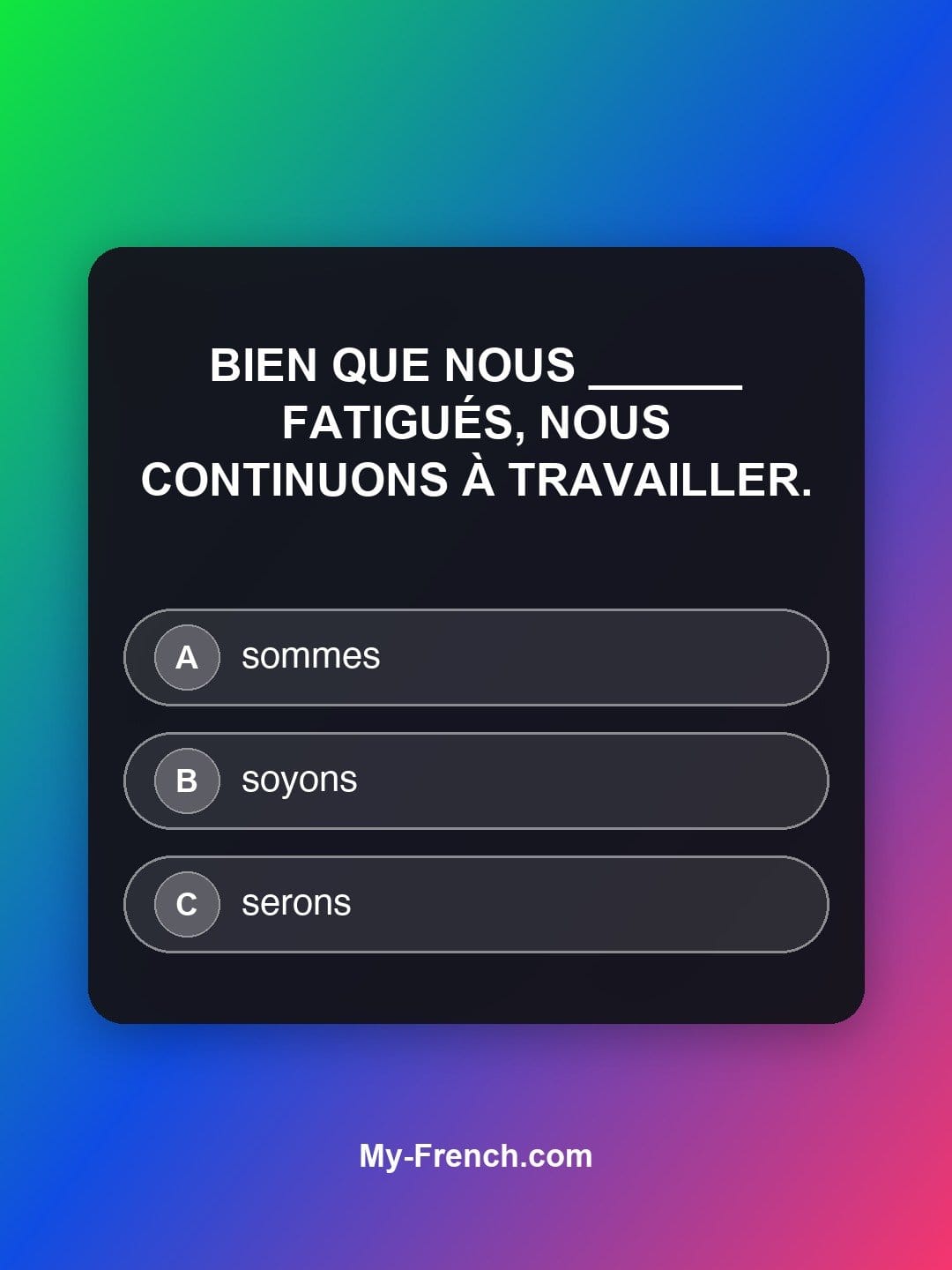 Quiz de français niveau B1 : Bien que nous ______ fatigués, nous continuons à travailler.
