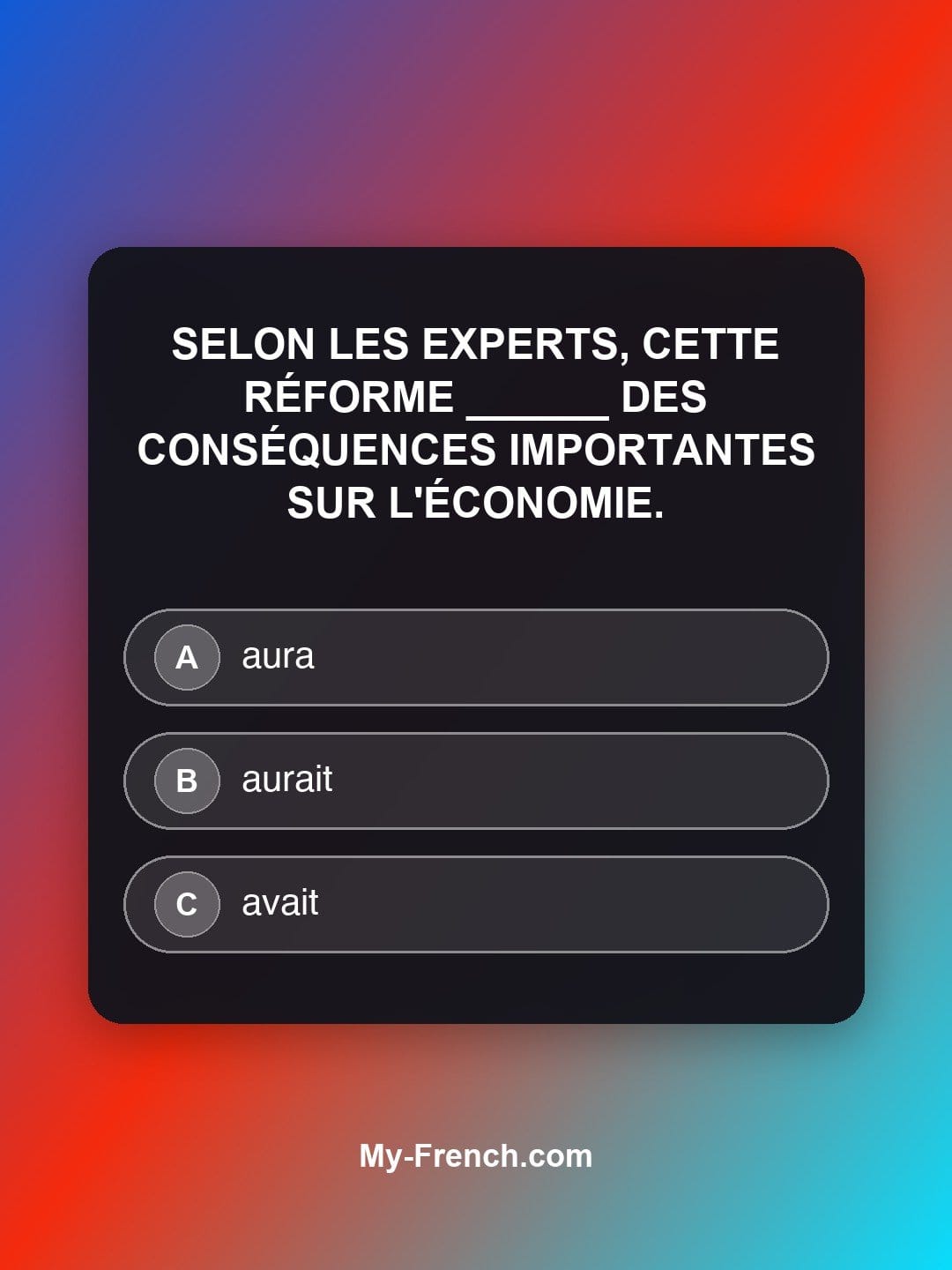 Quiz de français niveau B2 : Selon les experts, cette réforme ______ des conséquences importantes sur l'économie.