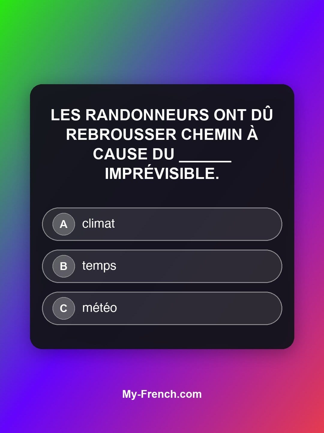 Quiz de français niveau B2 : Les randonneurs ont dû rebrousser chemin à cause du ______ imprévisible.