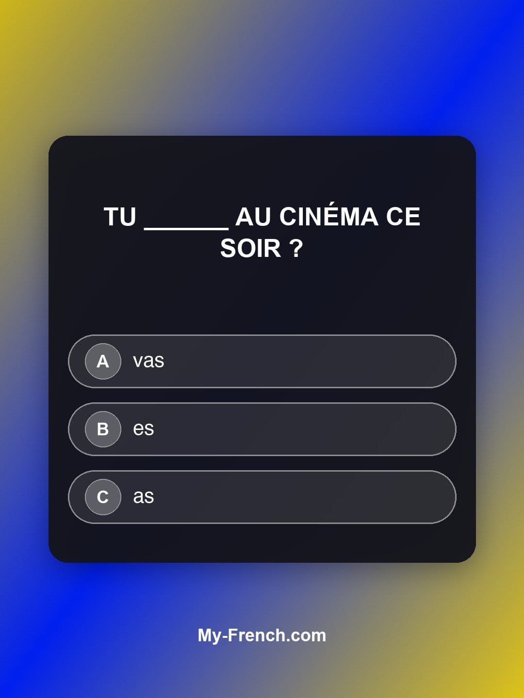 Quiz de français niveau A1 : Tu ______ au cinéma ce soir ?
