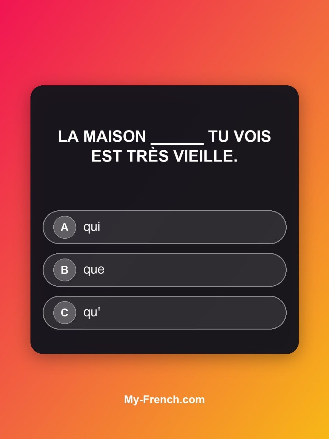 Quiz de français niveau A1 : La maison ______ tu vois est très vieille.