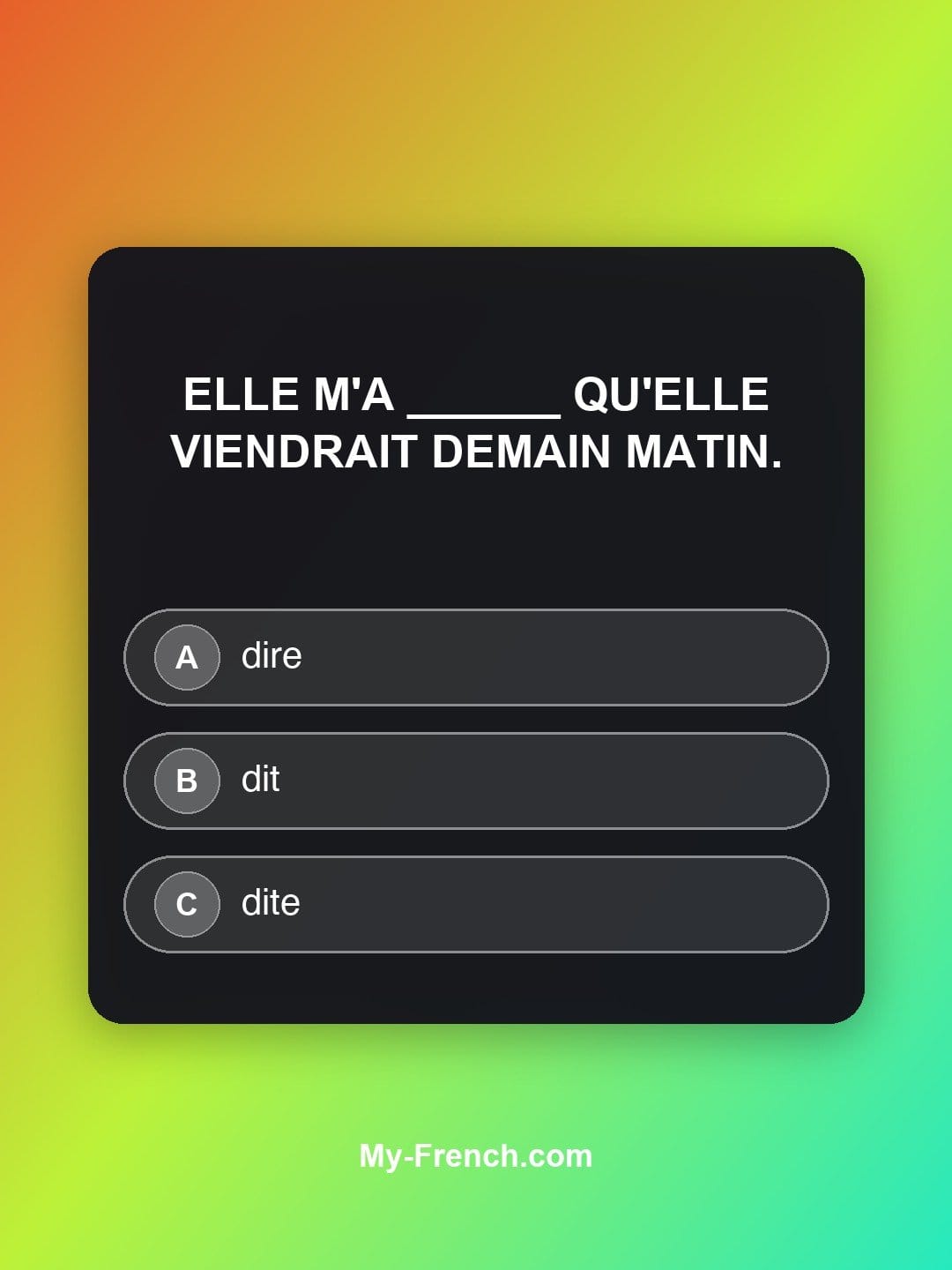 Quiz de français niveau B1 : Elle m'a ______ qu'elle viendrait demain matin.