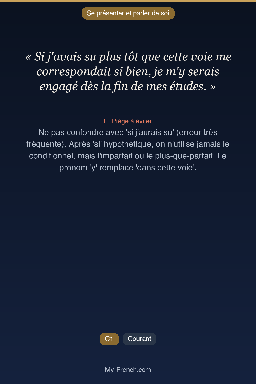 Phrase de français professionnel : Si j'avais su plus tôt que cette voie me correspondait si bien, je m'y serais engagé dès la fin de mes études.