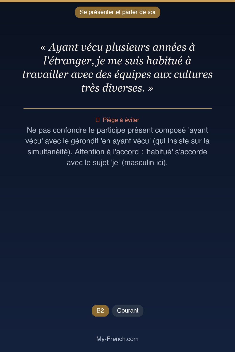 Phrase de français professionnel : Ayant vécu plusieurs années à l'étranger, je me suis habitué à travailler avec des équipes aux cultures très diverses.