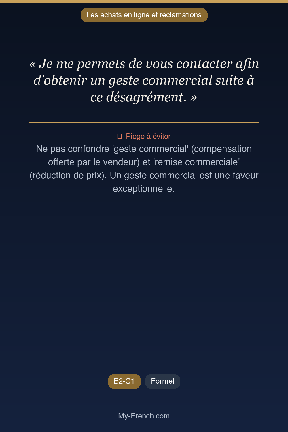 Phrase de français professionnel : Je me permets de vous contacter afin d'obtenir un geste commercial suite à ce désagrément.
