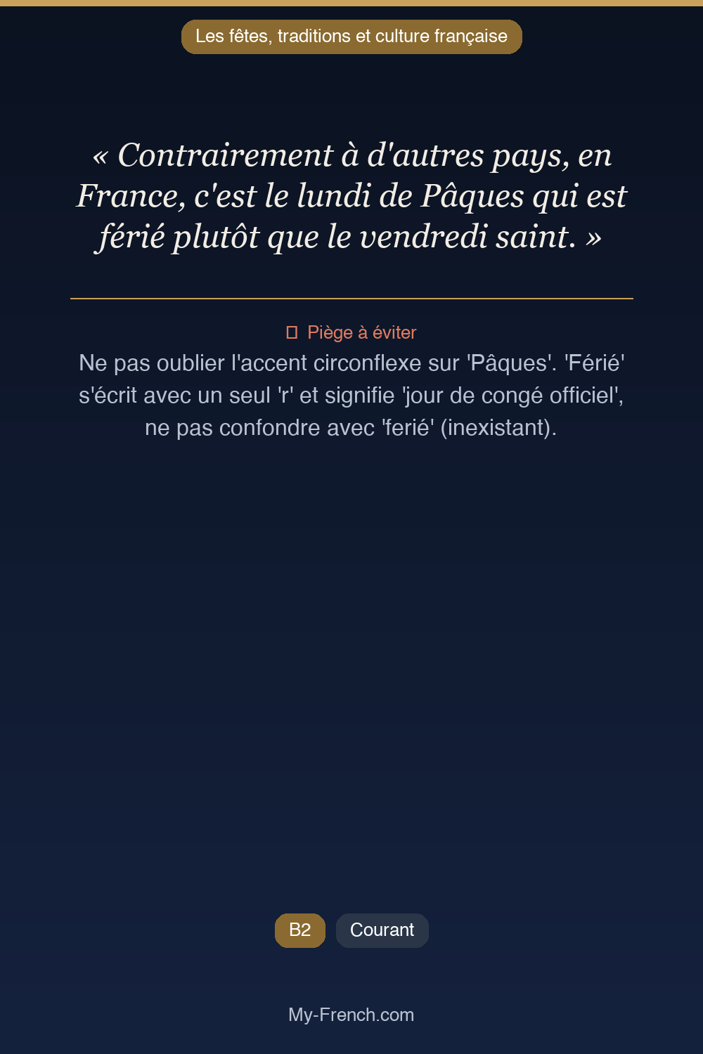 Phrase de français professionnel : Contrairement à d'autres pays, en France, c'est le lundi de Pâques qui est férié plutôt que le vendredi saint.