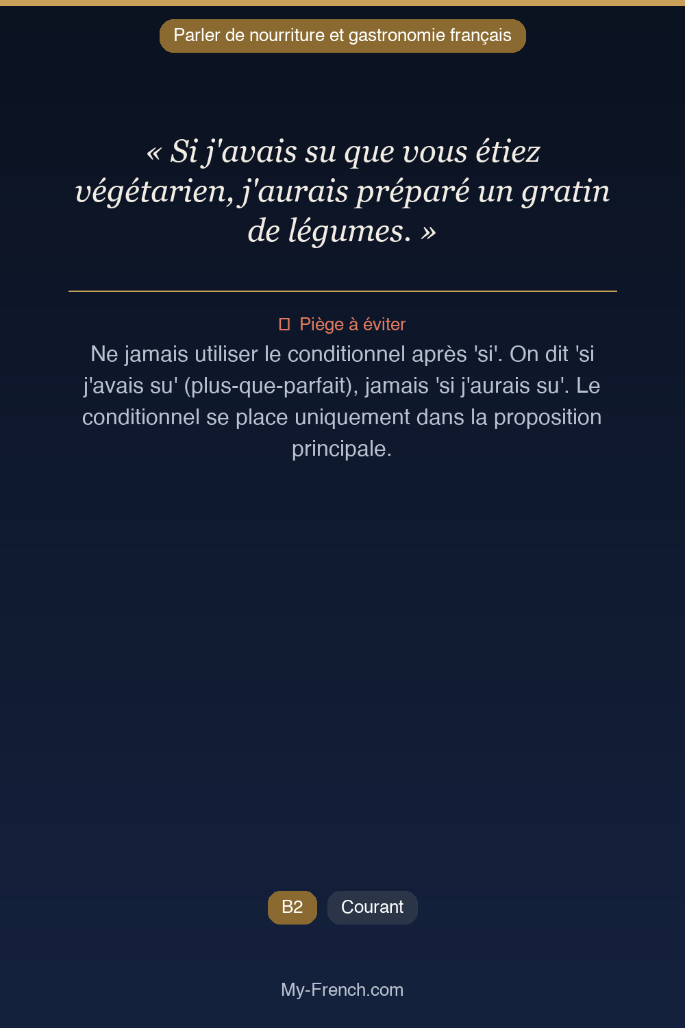 Phrase de français professionnel : Si j'avais su que vous étiez végétarien, j'aurais préparé un gratin de légumes.