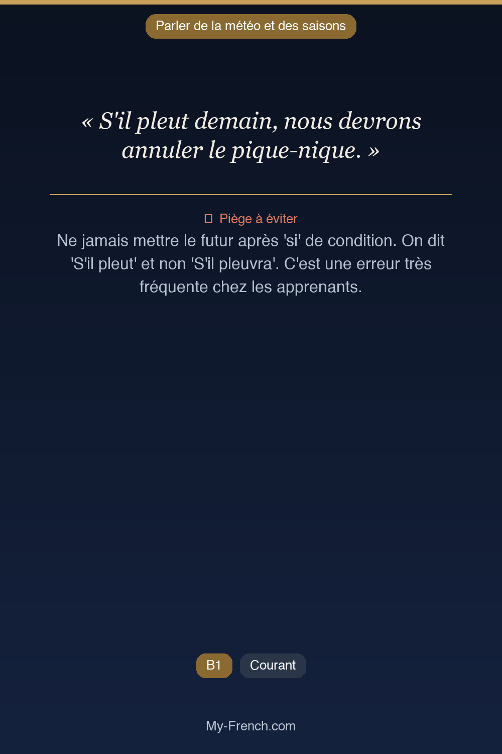 Phrase de français professionnel : S'il pleut demain, nous devrons annuler le pique-nique.