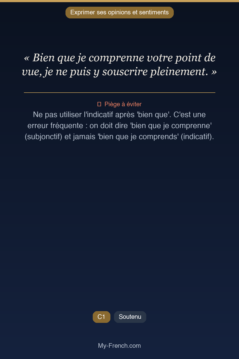 Phrase de français professionnel : Bien que je comprenne votre point de vue, je ne puis y souscrire pleinement.