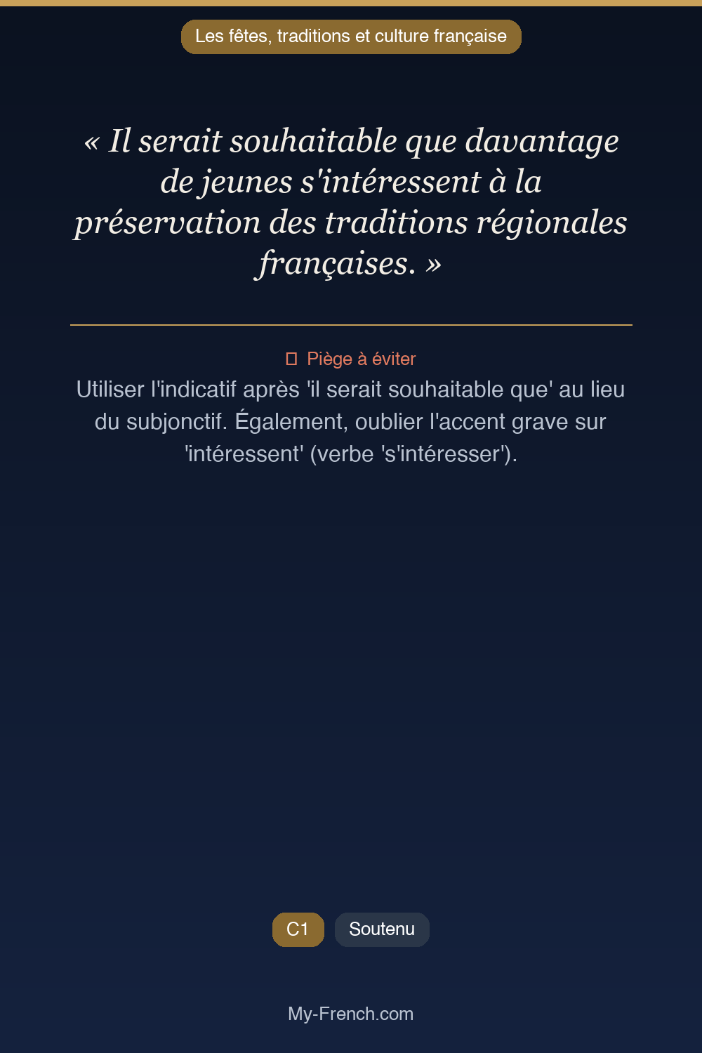 Phrase de français professionnel : Il serait souhaitable que davantage de jeunes s'intéressent à la préservation des traditions régionales françaises.