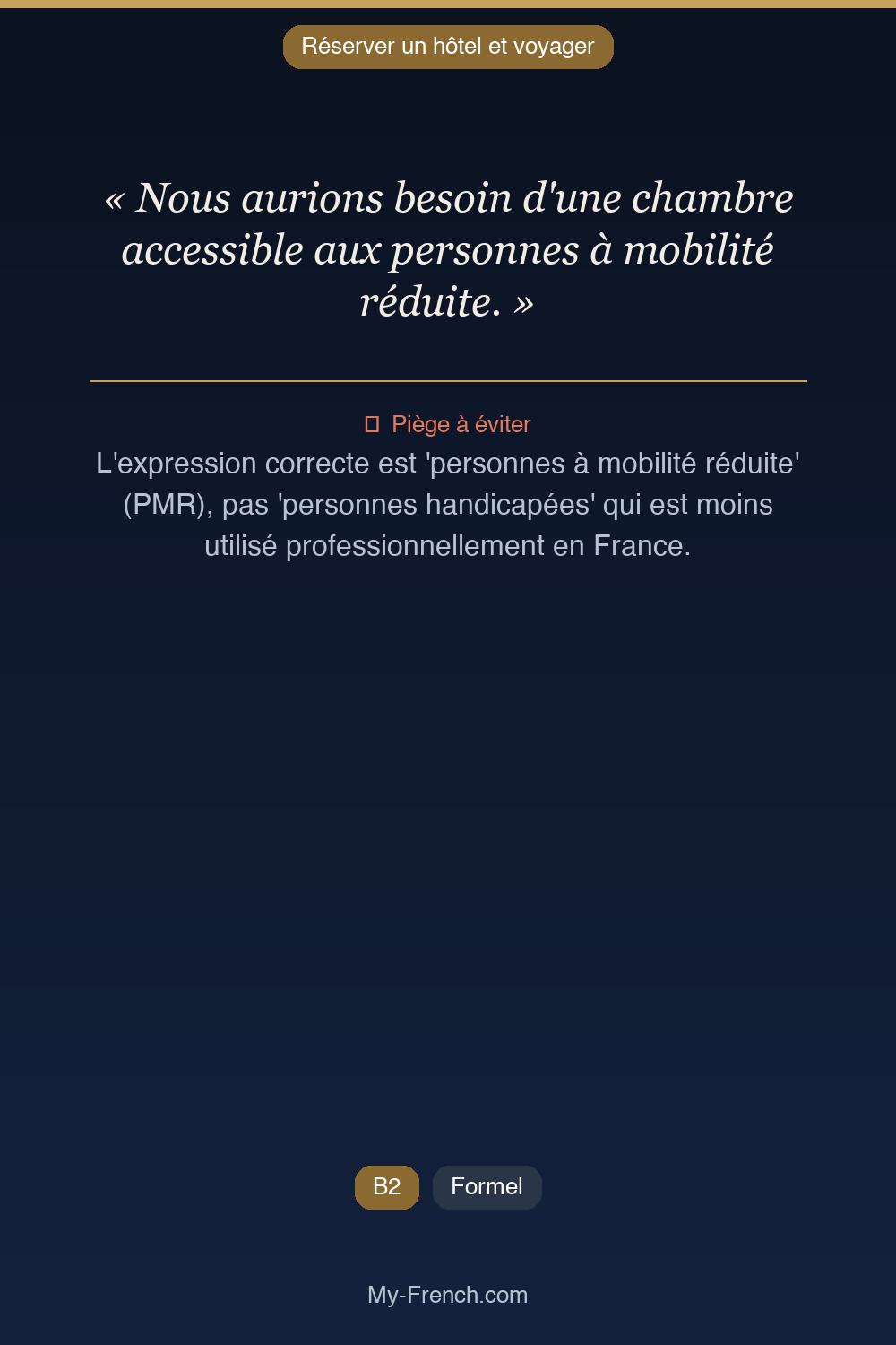 Phrase de français professionnel : Nous aurions besoin d'une chambre accessible aux personnes à mobilité réduite.