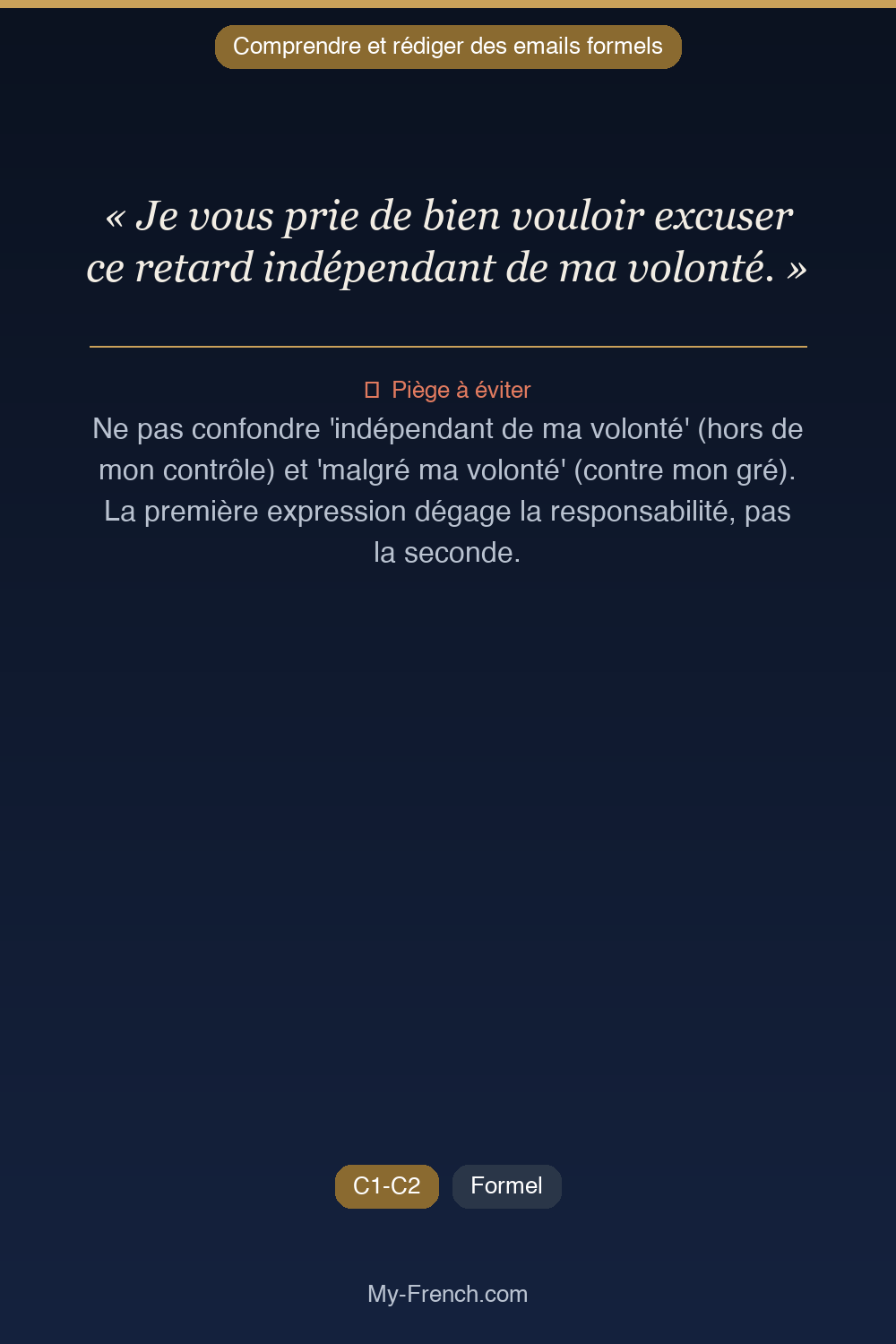 Phrase de français professionnel : Je vous prie de bien vouloir excuser ce retard indépendant de ma volonté.