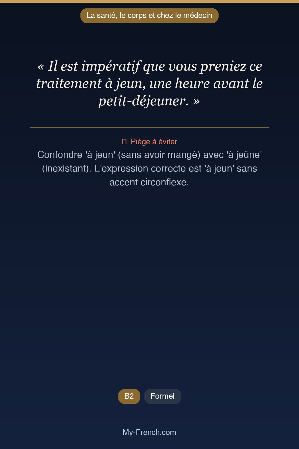 Phrase de français professionnel : Il est impératif que vous preniez ce traitement à jeun, une heure avant le petit-déjeuner.