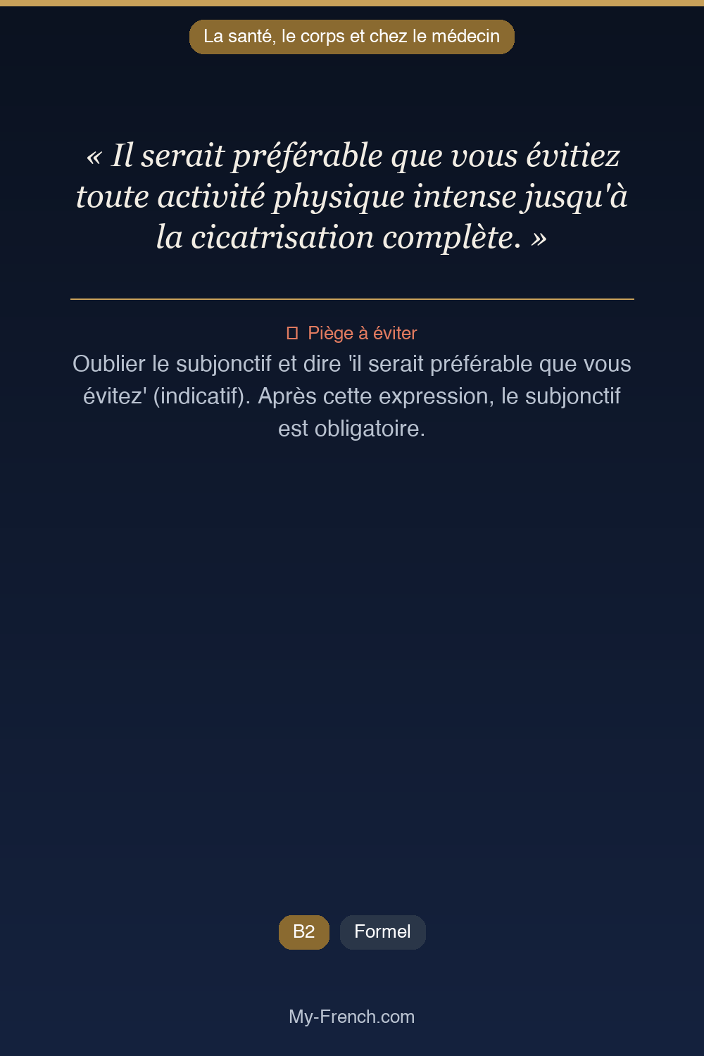 Phrase de français professionnel : Il serait préférable que vous évitiez toute activité physique intense jusqu'à la cicatrisation complète.