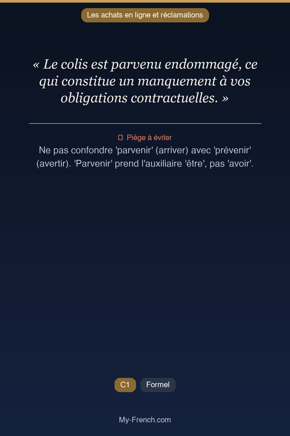 Phrase de français professionnel : Le colis est parvenu endommagé, ce qui constitue un manquement à vos obligations contractuelles.