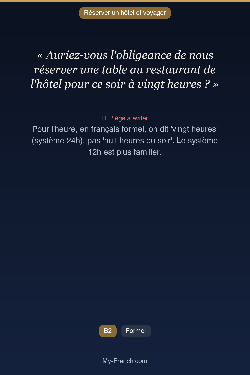 Phrase de français professionnel : Auriez-vous l'obligeance de nous réserver une table au restaurant de l'hôtel pour ce soir à vingt heures ?