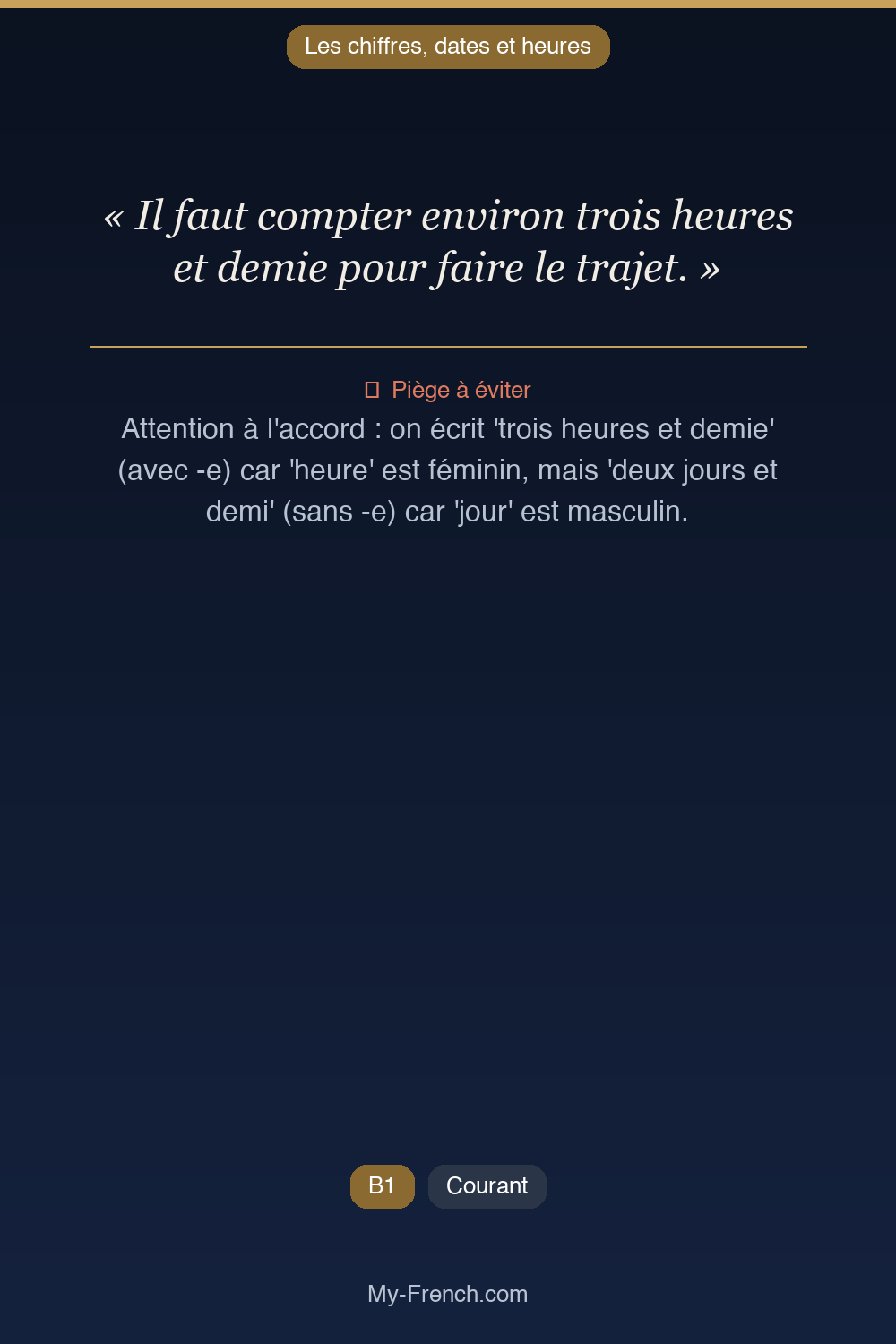 Phrase de français professionnel : Il faut compter environ trois heures et demie pour faire le trajet.