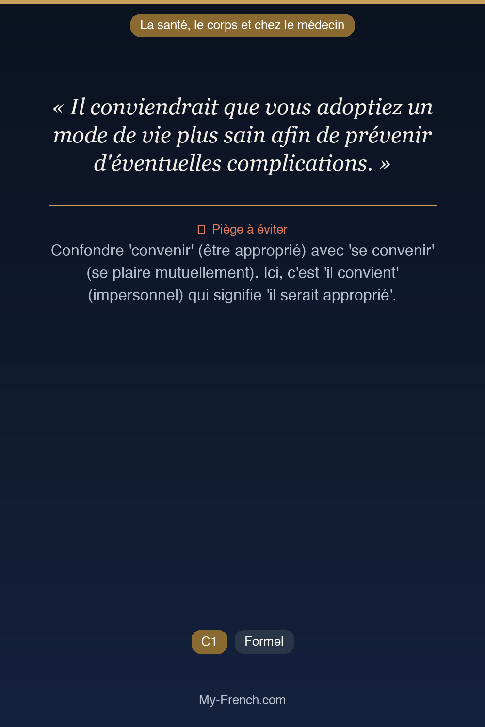 Phrase de français professionnel : Il conviendrait que vous adoptiez un mode de vie plus sain afin de prévenir d'éventuelles complications.