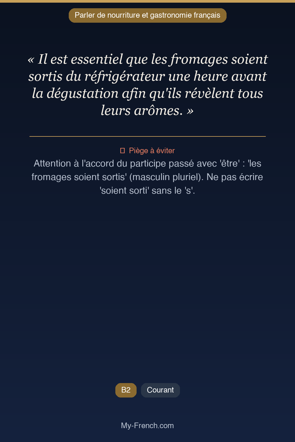 Phrase de français professionnel : Il est essentiel que les fromages soient sortis du réfrigérateur une heure avant la dégustation afin qu'ils révèlent tous leurs arômes.