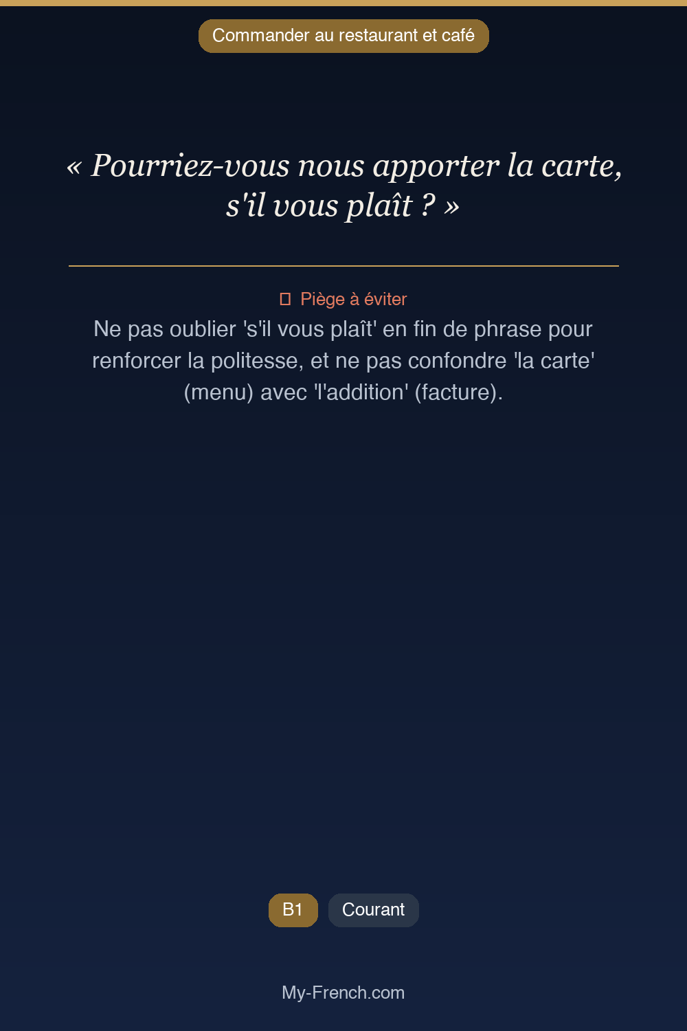 Phrase de français professionnel : Pourriez-vous nous apporter la carte, s'il vous plaît ?