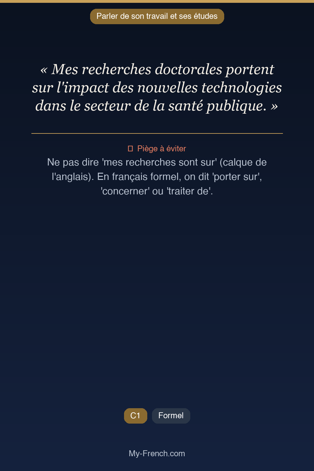 Phrase de français professionnel : Mes recherches doctorales portent sur l'impact des nouvelles technologies dans le secteur de la santé publique.