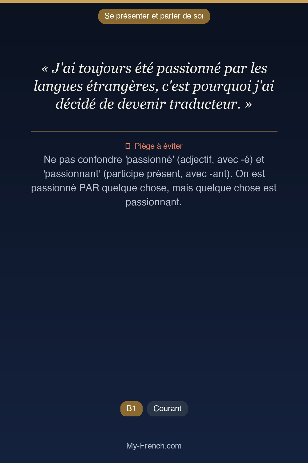 Phrase de français professionnel : J'ai toujours été passionné par les langues étrangères, c'est pourquoi j'ai décidé de devenir traducteur.