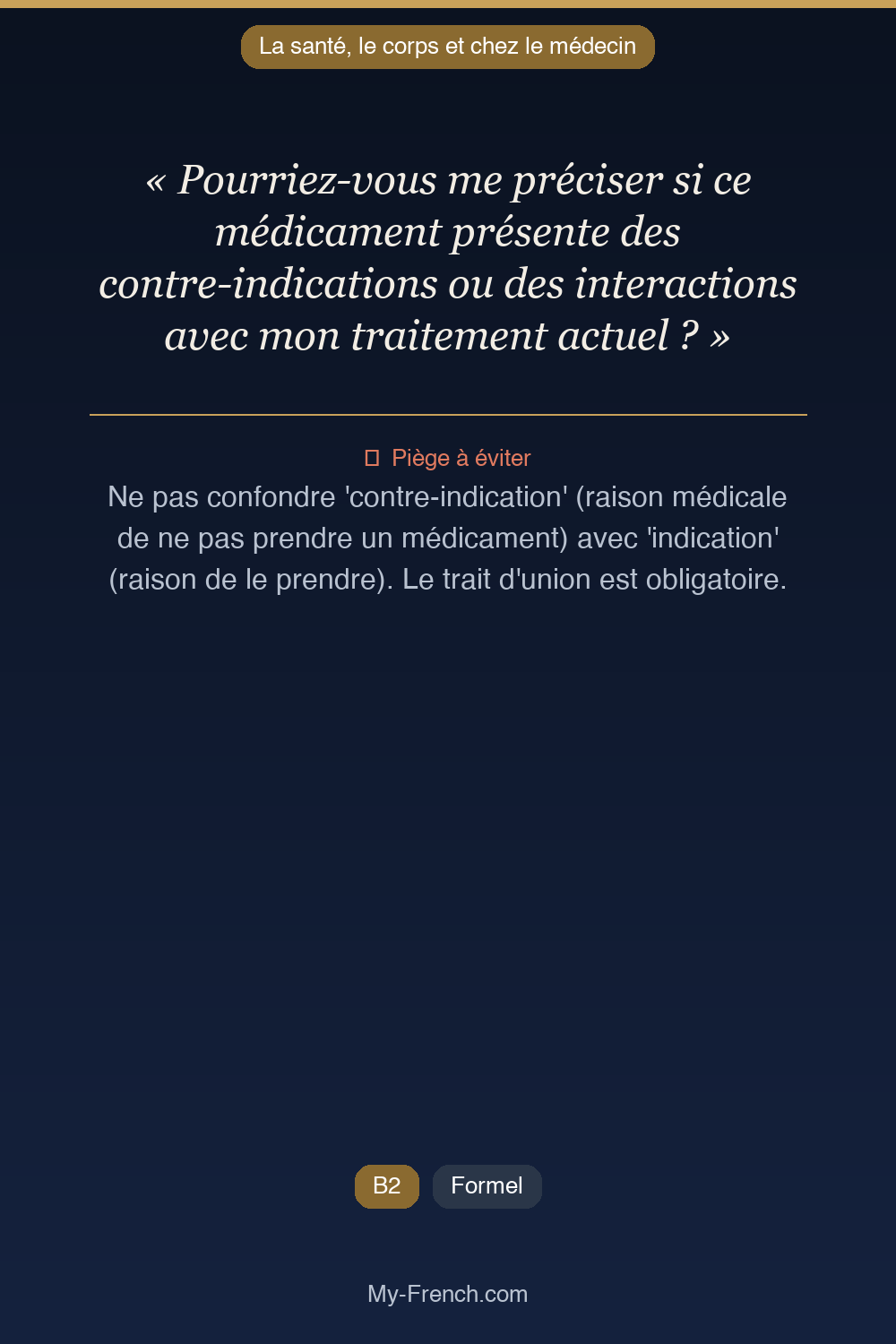 Phrase de français professionnel : Pourriez-vous me préciser si ce médicament présente des contre-indications ou des interactions avec mon traitement actuel ?
