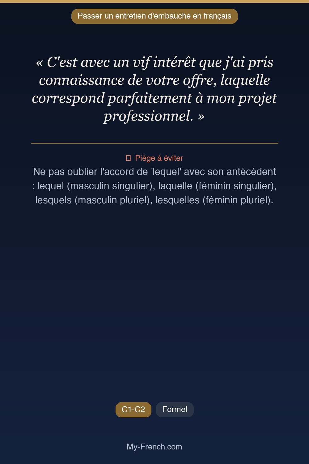 Phrase de français professionnel : C'est avec un vif intérêt que j'ai pris connaissance de votre offre, laquelle correspond parfaitement à mon projet professionnel.