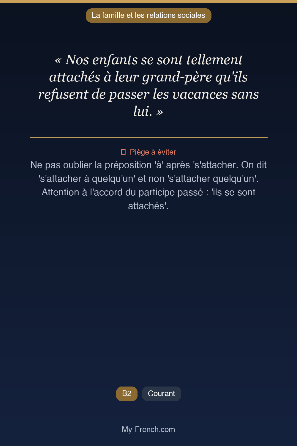Phrase de français professionnel : Nos enfants se sont tellement attachés à leur grand-père qu'ils refusent de passer les vacances sans lui.