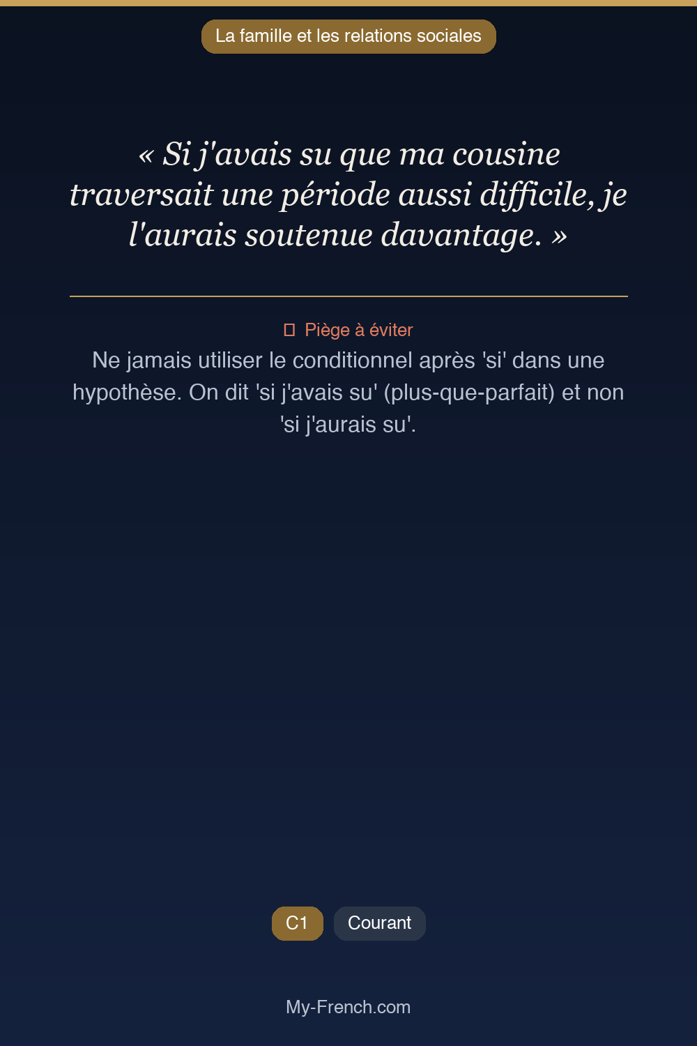 Phrase de français professionnel : Si j'avais su que ma cousine traversait une période aussi difficile, je l'aurais soutenue davantage.